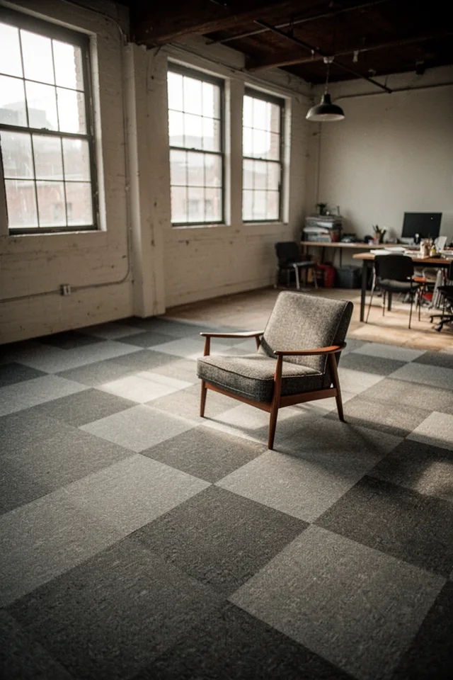 Image prompt: Open-plan loft, afternoon light, gray carpet tiles laid in a checkerboard pattern—one tile is a tweedy charcoal, the next a heather gray. Low-profile pile, modular look. A mid-century armchair sits on the floor. Lens: 35mm, mood: architectural, slightly retro. No people.