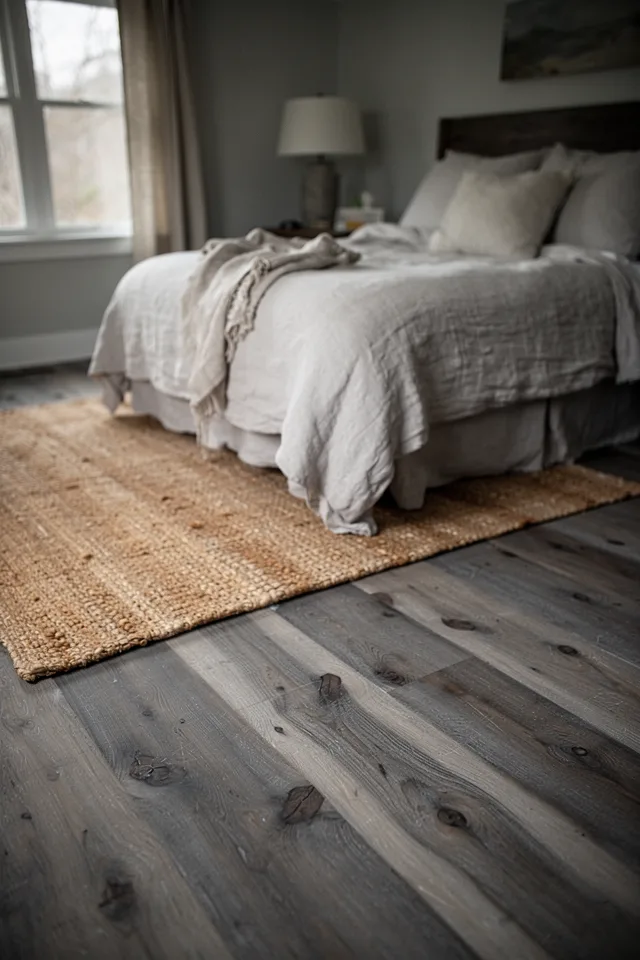 Image prompt: Rustic-modern bedroom, morning light, wide pine planks (10-12 inch) with a gray stain that lets the natural grain show. Wire brushing has raised the soft grain, creating subtle texture. A sisal rug, natural linen bedding. Lens: 50mm, mood: warm, natural, slightly imperfect. No people.
