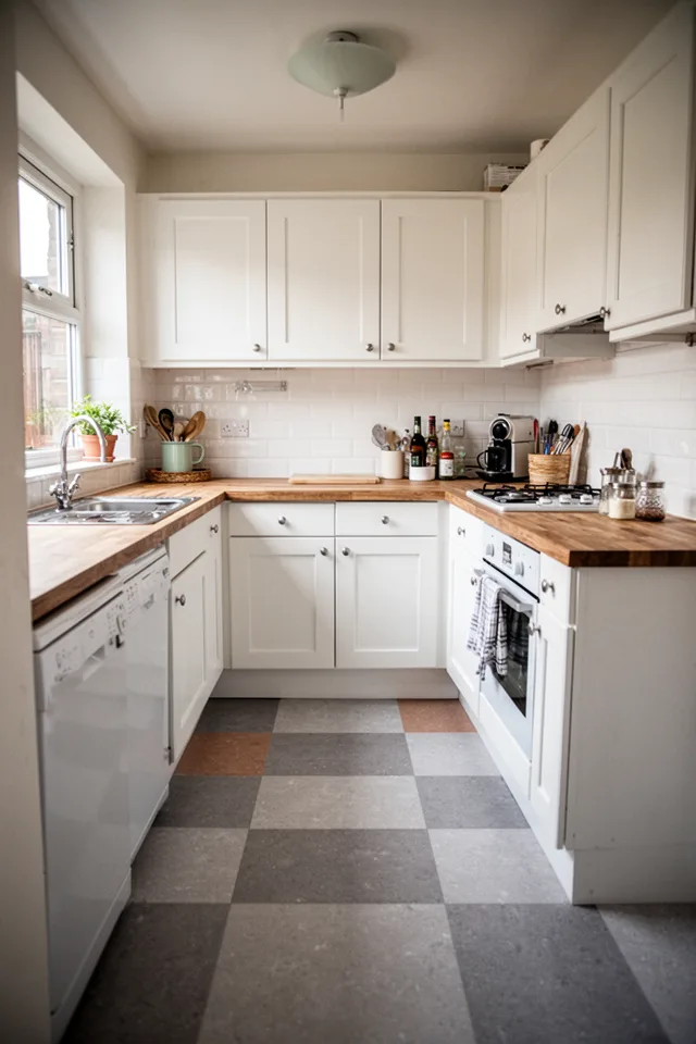 Image prompt: Small kitchen, daylight, marmoleum floor in a pattern of light gray and warm gray squares (like a checkerboard but soft). Matte surface, no glare. White cabinetry, butcher block counters. Lens: 24mm, mood: retro-modern, clean. No people.
