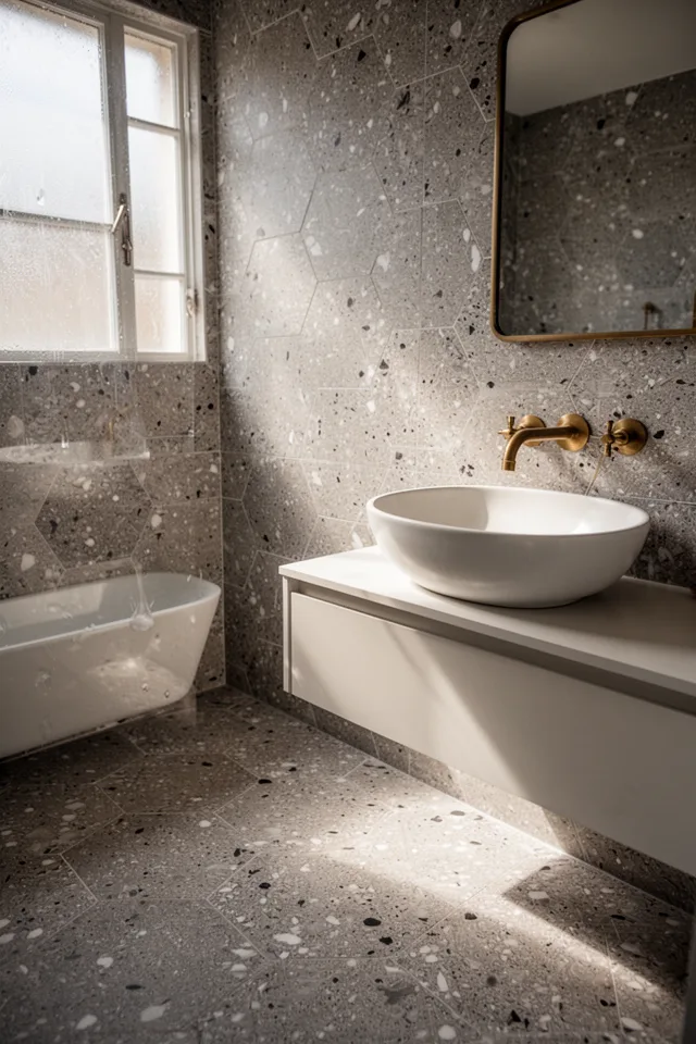 Image prompt: Sun-drenched bathroom, large hexagonal terrazzo tiles in warm gray with white and charcoal chips. Matte finish, large format (12 inch), slight surface texture. White vessel sink, brass fixtures. Lens: 35mm, mood: playful but refined. No people.