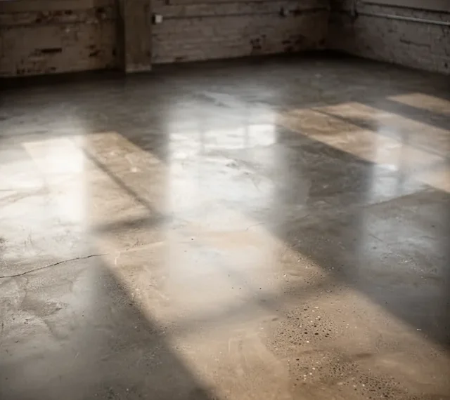 Image prompt: Sunlit loft interior, early morning, pale warm gray polished concrete floor with subtle aggregate visible.