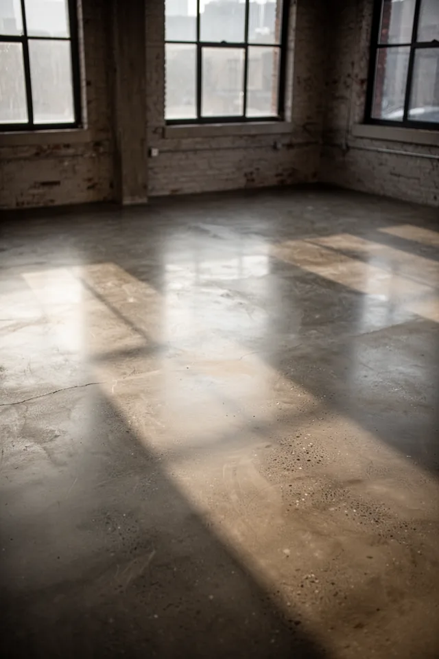 Image prompt: Sunlit loft interior, early morning, pale warm gray polished concrete floor with subtle aggregate visible.