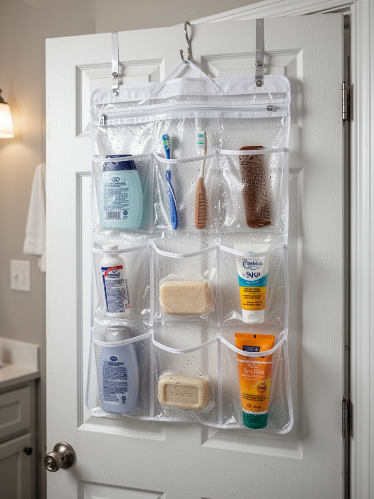 Inside view of a bathroom door with a clear vinyl over-the-door organizer hanging from the top. The pockets hold various small toiletries: a travel-sized shampoo, a toothbrush, a small comb, a bar of wrapped soap, a sunscreen bottle. The vinyl is slightly foggy from steam. The door is white painted wood. Soft indoor lighting.