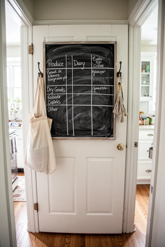 Inside view of a walk-in pantry, white painted door with a full-size chalkboard mounted at eye level. The board is divided into a hand-drawn grid: columns for "Produce," "Dairy," "Dry Goods," "Other." A few items are written in different handwriting styles. A canvas grocery bag hangs from a hook beside the board. Natural light from the kitchen spills in.