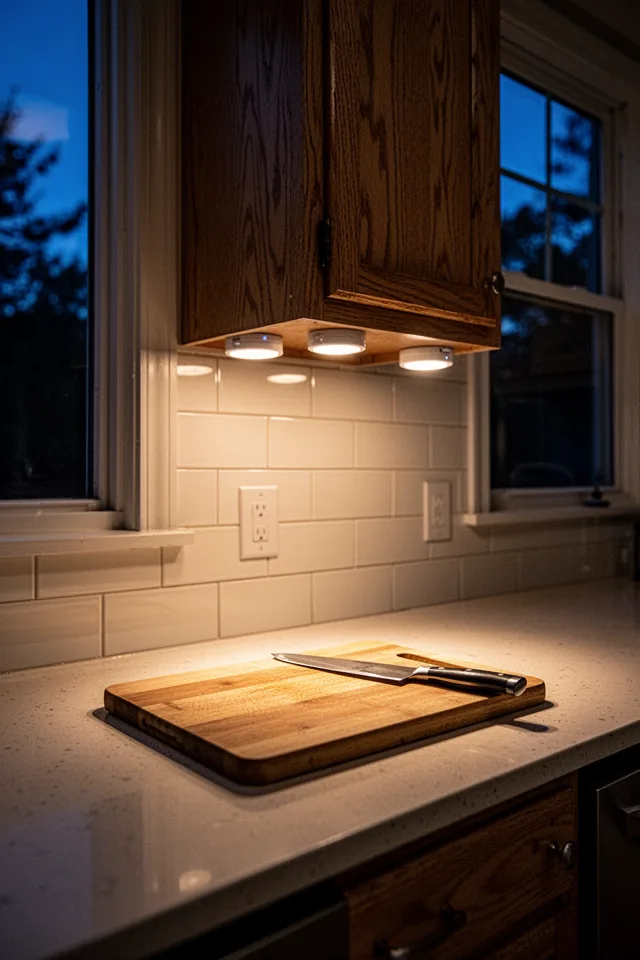 Kitchen countertop with wireless LED puck lights mounted under the upper cabinets. The lights cast a warm glow on the counter, illuminating a cutting board and a knife. The cabinet above is wood, the wall behind is subway tile. No visible wires. Evening scene, dark outside window in background.