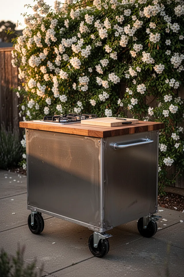 Late afternoon, low sun, an outdoor kitchen island built from powder-coated steel and marine-grade plywood sits on four chunky pneumatic casters. The top is a single slab of butcher block. A gas burner and a cutting board are the only things on it. Behind it, a wall of climbing jasmine catches the light. The island has a handle welded to one side, ready to be moved.