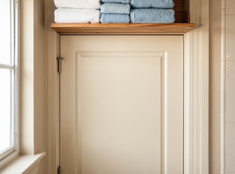 Looking at a bathroom door from the inside. Above the door frame, a small wooden shelf is mounted flush with the top of