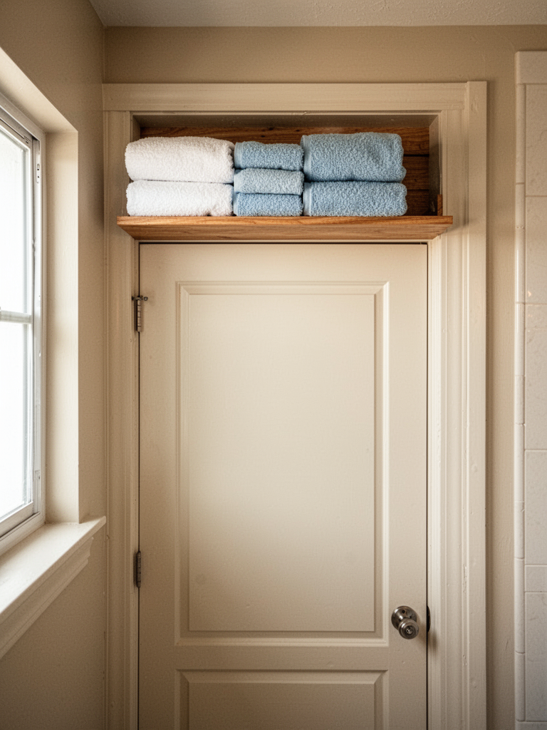 Looking at a bathroom door from the inside. Above the door frame, a small wooden shelf is mounted flush with the top of