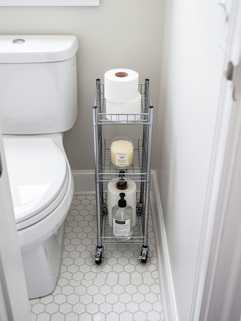Looking down at a narrow bathroom floor between a white toilet and a wall. A slim wire rolling cart, about 5 inches wide and 20 inches tall, fits perfectly in the gap. On its three tiers: a small stack of extra toilet paper, a candle, a bottle of hand soap. The cart has casters with locking brakes. The floor is white hexagonal tile. Bright daylight, clean composition.
