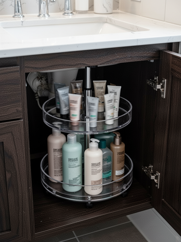 Looking down into an open bathroom vanity cabinet. Inside is a two-tier rotating turntable made of clear acrylic. Bottom tier holds large shampoo bottles; top tier holds smaller tubes. The cabinet is dark wood veneer. The turntable is mid-spin, motion blur on the bottles. Natural light from above, shallow depth of field.