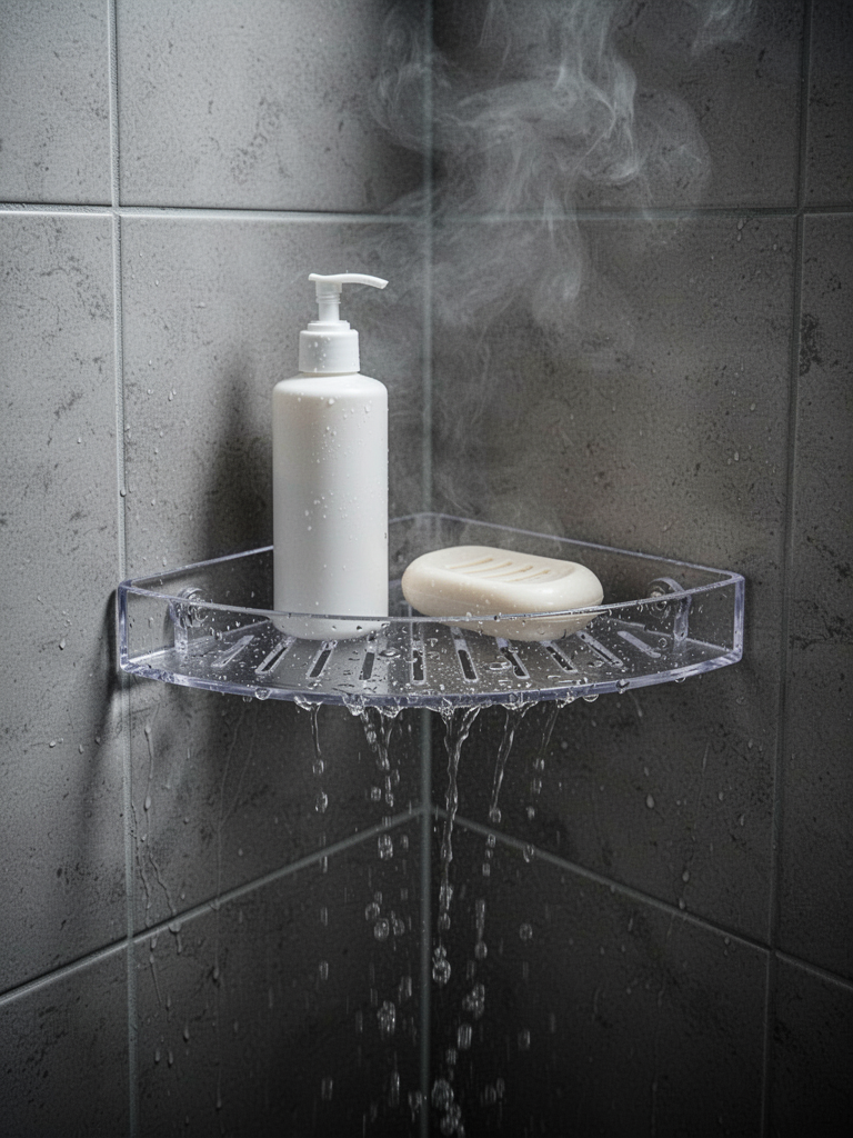 Looking into a tiled shower corner where a clear acrylic corner shelf is installed. The shelf has slotted drainage holes and a slight downward tilt. A white shampoo bottle and a soap dish sit on it. Water trickling down the tile. The shelf is mounted at chest height. Steam haze in frame. Photorealistic, slightly moody.