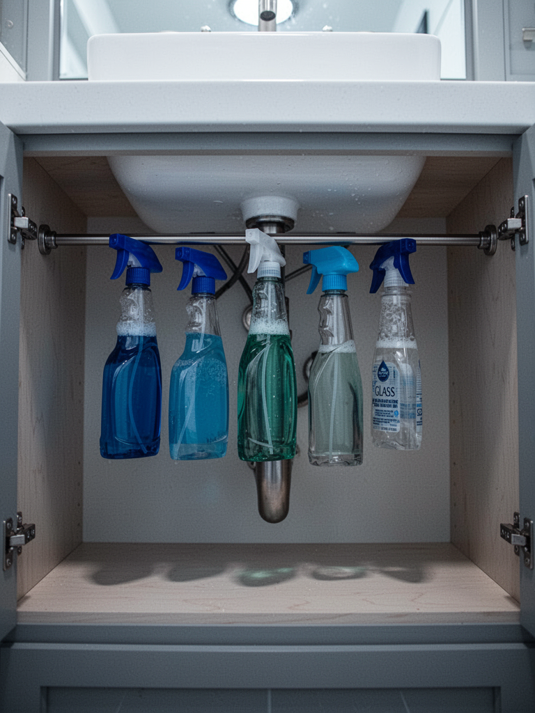 Looking up at the underside of a bathroom sink cabinet. A tension rod spans the width of the cabinet, hanging several spray bottles by their triggers: blue cleaner, glass spray, a smaller mister. The bottles hang upside down, nozzles pointing down. The rod is brushed steel. Soft shadows from overhead vanity light. Realistic, slightly cool color temperature.