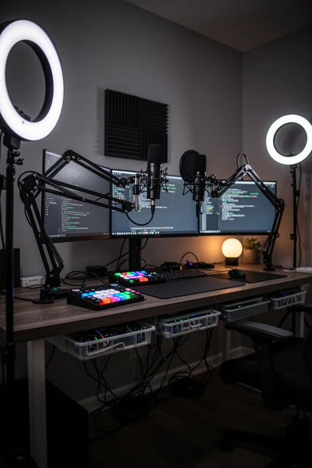 15 Rec Room Ideas You Will Never Want To Leave Low angle shot of a professional-looking desk setup with a large boom arm microphone, a stream deck, and two monitors on adjustable arms. The desk has cable management trays underneath, and a small acoustic panel is mounted on the wall behind the monitor. A ring light is positioned off-camera. The room is dim except for the monitor glow and a small desk lamp.