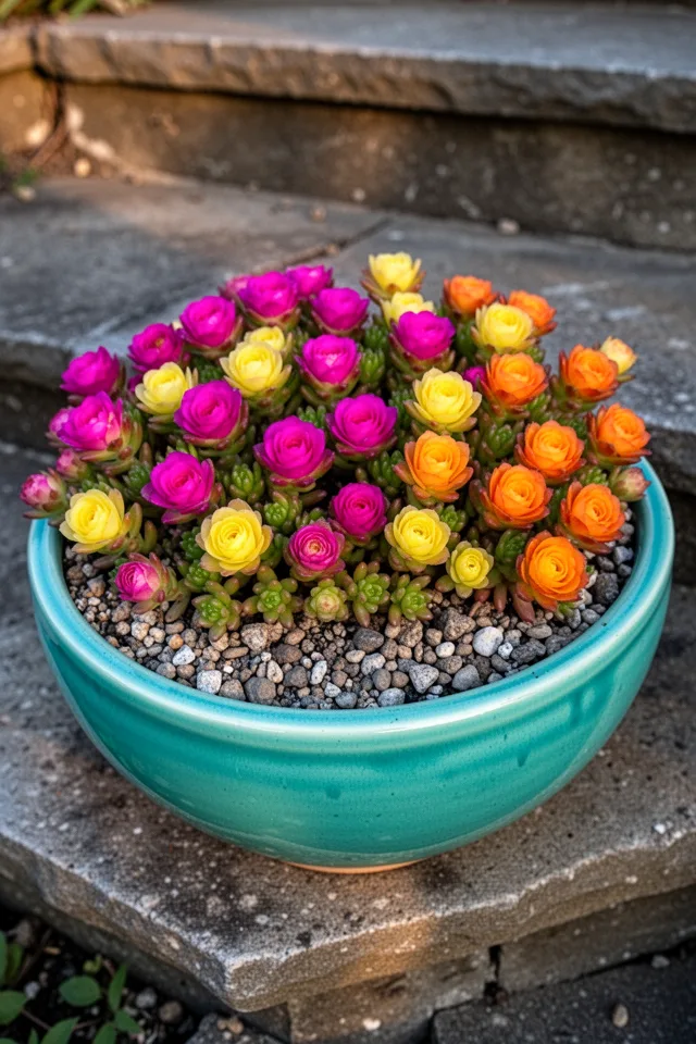 16 Container Gardening Flowers That Bloom All Season Low-growing mat of succulent leaves with bright magenta, yellow, and orange flowers that look like tiny roses. The pot is a glazed turquoise ceramic bowl, sitting on a stone step. Late afternoon light makes the petals slightly translucent. The soil surface is covered in small pebbles to prevent splash. A few flowers are closed from the heat earlier in the day.
