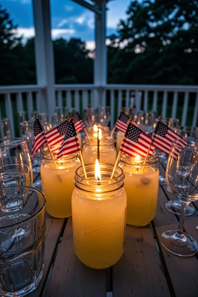 Mason jars filled with citronella gel wax, with small American flag toothpicks stuck into the wax around the wick. The jars sit on a porch table surrounded by empty glasses from a party. Dusk setting, candles lit, warm glow.