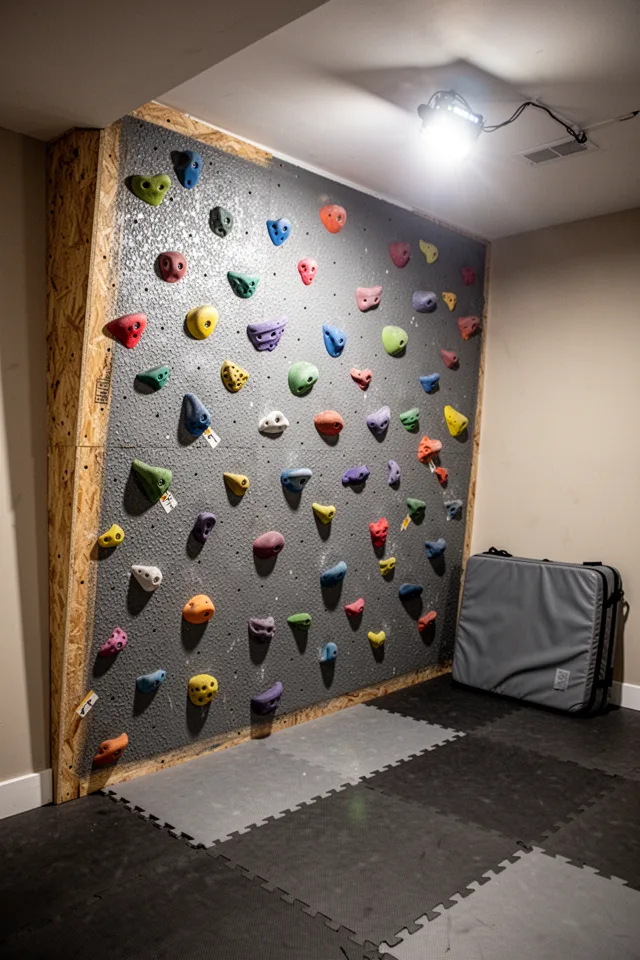 15 Rec Room Ideas You Will Never Want To Leave Medium shot of a 8x12 foot indoor climbing wall built against a basement wall. The surface is covered with colored climbing holds arranged in a route. The wall is built from 3/4-inch plywood painted with a textured grip coating. The floor underneath is thick, interlocking foam mats. A crash pad is folded in the corner. The space is illuminated by a bright LED shop light.
