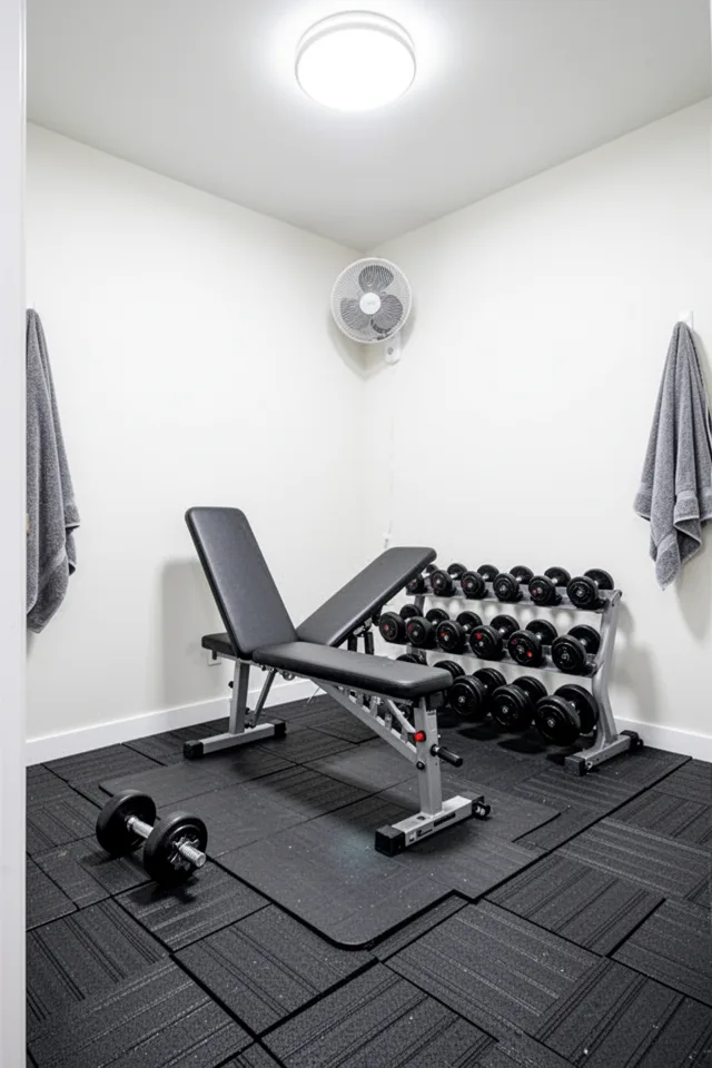 15 Rec Room Ideas You Will Never Want To Leave Medium shot of a home gym corner with a weight bench, a set of adjustable dumbbells, and a rubber floor mat. The flooring is a grid of 2x2 foot rubber tiles in black, with a herringbone pattern. A fan is mounted on the wall. The room has bright white light from a ceiling fixture. A towel hangs on a hook. The overall feel is clean and functional.