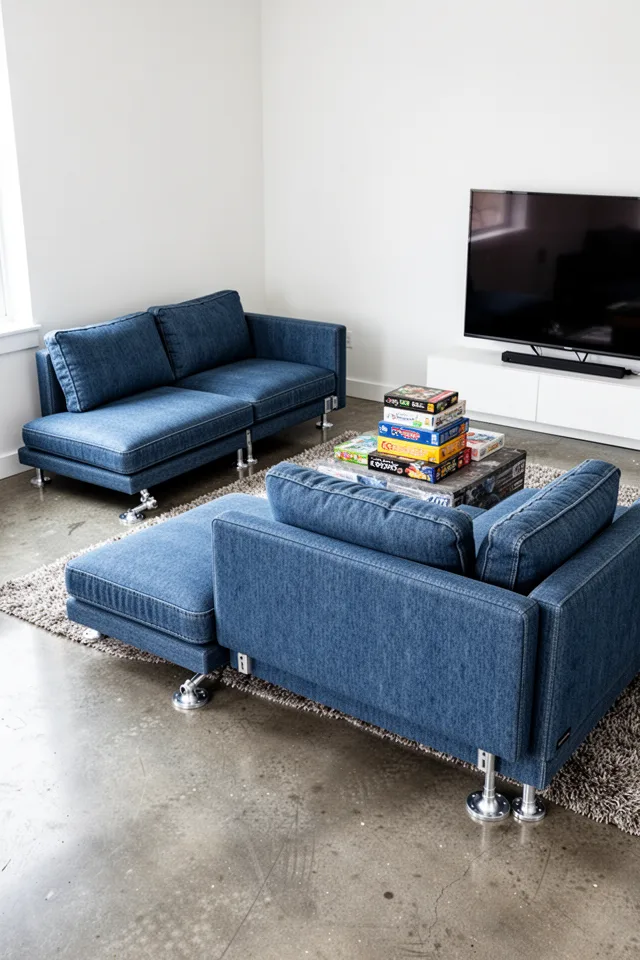 15 Rec Room Ideas You Will Never Want To Leave Medium shot of a low-profile modular sofa in a denim blue fabric, arranged as two separate seating clusters: a chaise lounge near a corner and a three-seat sofa facing a TV. The sections are clearly separate pieces with visible aluminum connectors on the floor. The room has a concrete floor with a shag rug. A stack of board games sits on a low table between the two clusters.