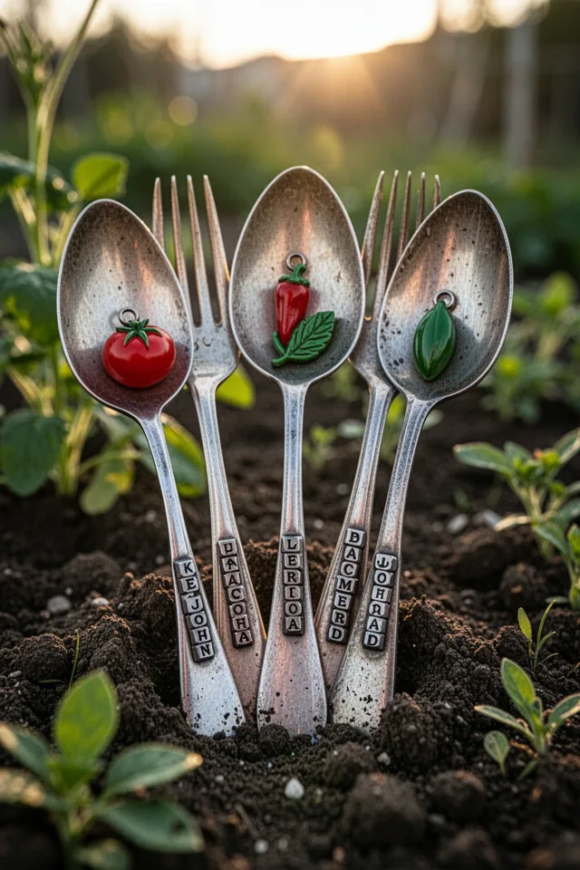 Old spoons and forks with the handles stamped with plant names using metal letter stamps. Small charms (a tomato, a pepper, a leaf) are attached to the spoon bowls. The silverware is stuck in garden soil. Late afternoon sun.