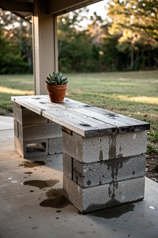 Outdoor bench made from stacked cinder blocks and untreated pine boards. The blocks are weathered, grey, with small water stains. The wood has turned silver-grey. The bench sits under a covered patio, soft afternoon shade. A single potted succulent on the seat. Warm, rustic, everyday feel.