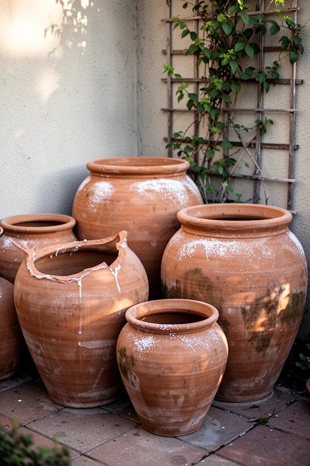18 Cozy Patio Ideas To Enjoy This Summer Several large terracotta pots in various sizes, grouped in a corner of a patio. One has a broken rim, repaired with a visible glue line. The pots have white salt deposits near the top. A climbing vine reaches up a trellis. Soft morning light, shadows on the clay. Slightly weathered, very intentional.