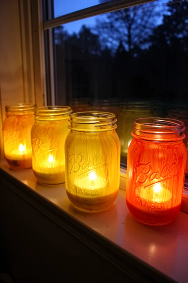 Several mason jars painted on the outside with translucent glass paint in warm yellow and orange, with battery tea lights inside. The jars sit on a windowsill. The paint creates a soft, diffused glow. Evening setting, dark outside.