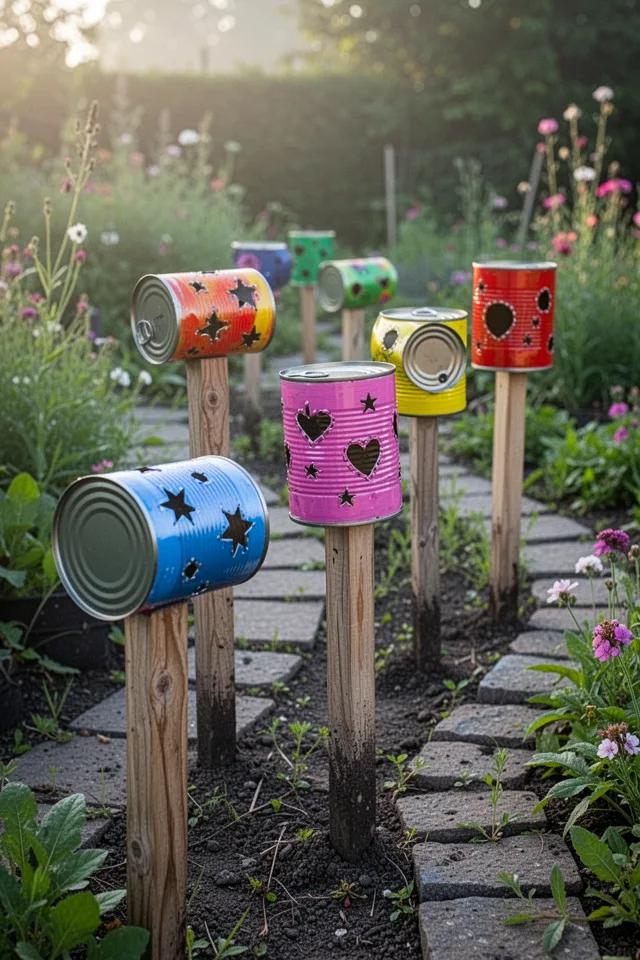 Several tin cans mounted on wooden stakes, pounded into the ground along a garden path. The cans have punched patterns—stars, hearts, circles—and are painted bright colors. Morning light, whimsical setting.