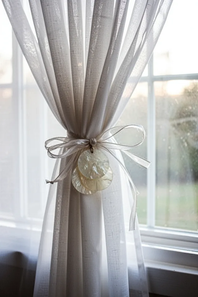 16 Capiz Shell Decor Ideas For A Dreamy Coastal Summer Sheer white curtains pulled back with a tieback made of three capiz discs strung on a ribbon. The tieback is tied in a loose bow. The shells rest against the curtain fabric. Soft morning light through the window.