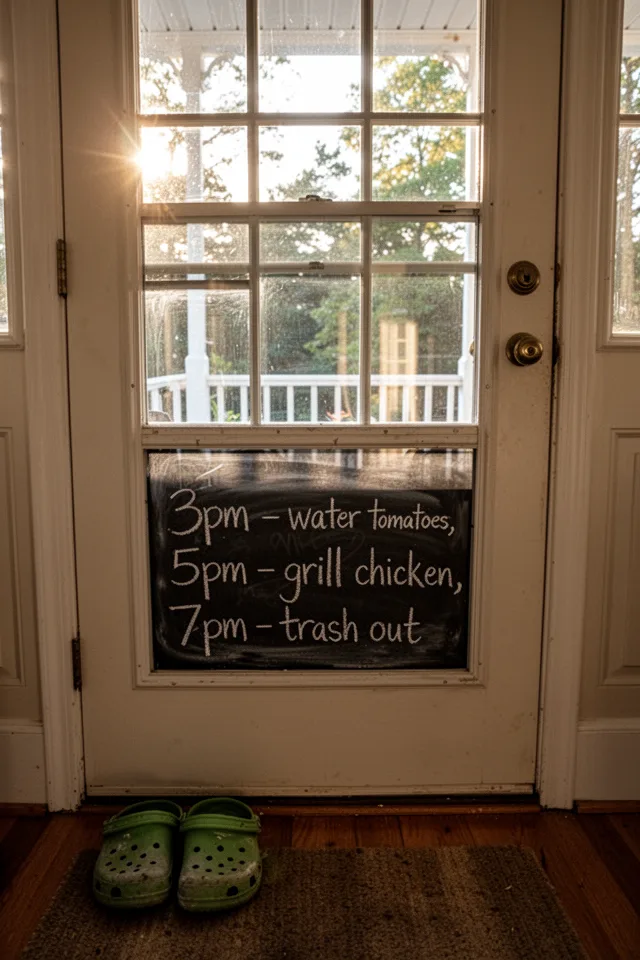 The interior side of a back door leading to a porch, with a chalkboard decal applied to the lower glass pane. Written in chalk: "3pm – water tomatoes, 5pm – grill chicken, 7pm – trash out." A pair of garden clogs on the floor. Late afternoon sunlight streaming through the upper glass panes.