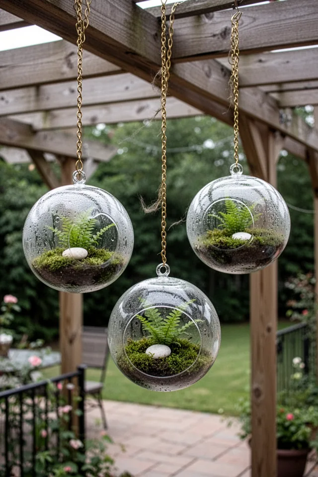 Three clear glass globes of varying sizes hanging from a wooden beam on a patio. Inside each is a miniature landscape of moss, small fern, and a single white pebble. The glass is slightly fogged from internal humidity. The chains are brass, lightly tarnished. A breeze sways them gently.