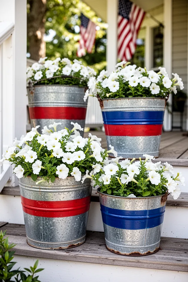 Three galvanized metal buckets on porch steps, each painted with a red or blue band around the middle and filled with white petunias. The buckets are weathered, with slight rust at the rims. The flowers are in full bloom. Bright midday sun, wooden porch, American flag hanging in background soft focus.