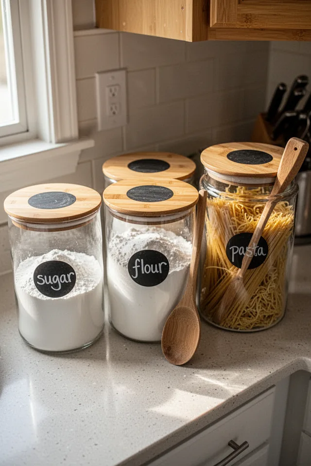 Three glass canisters on a kitchen counter with bamboo lids. Each lid has a small round chalkboard sticker in the center. Labels read "sugar," "flour," "pasta." Soft afternoon light, a wooden spoon resting against one canister. No stylist tricks—just a real kitchen corner.