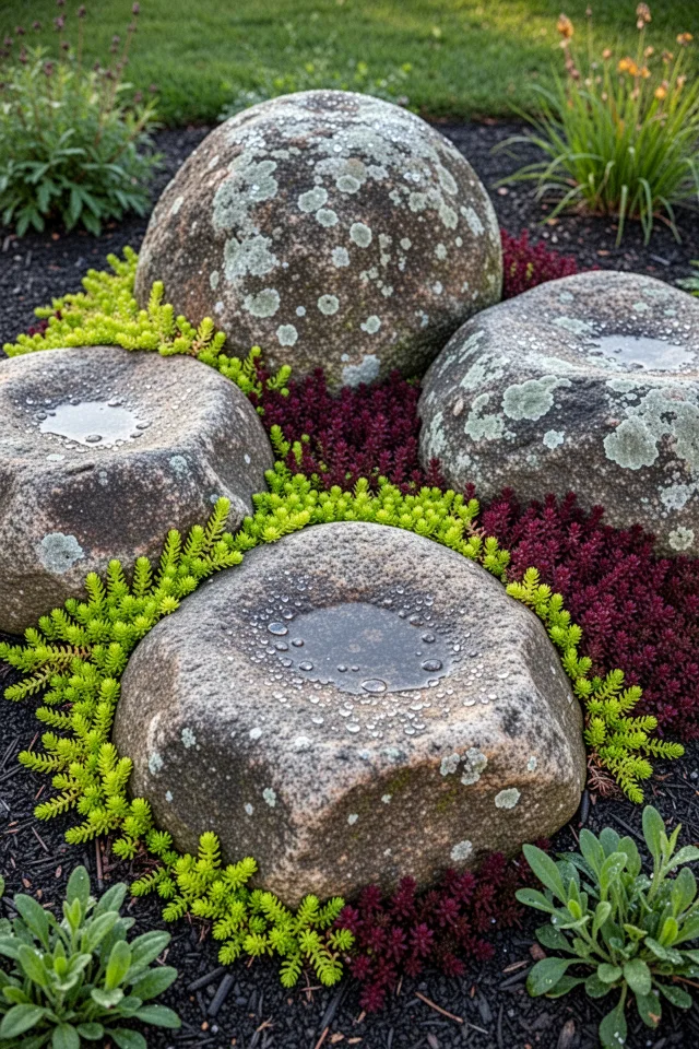 Three large field stones of varying sizes arranged in a loose triangle in a garden bed. Between the boulders, low patches of creeping sedum in chartreuse and deep burgundy. The stones are rough, with lichen patches. Morning dew collects in the depressions. The sedum spills over the edges of the stones.