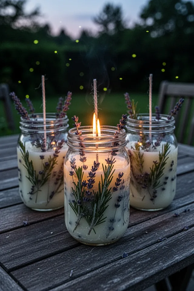 Three mason jars on a wooden outdoor table, each filled halfway with natural wax and embedded with dried lavender and rosemary sprigs. A wick protrudes from each. One jar is lit, casting a small flame. Dusk light, fireflies suggested in the background. Slightly soft focus.