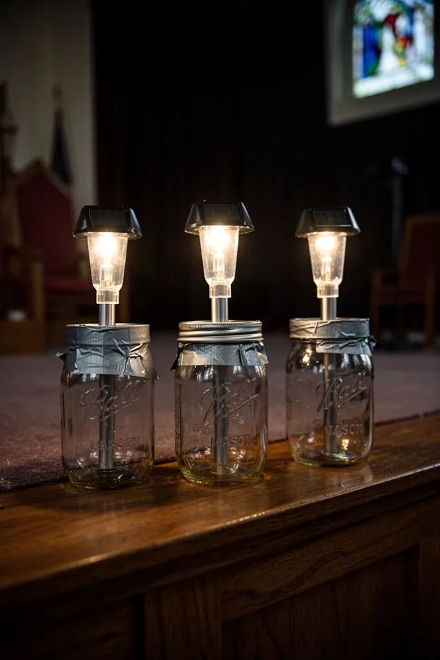 Three mason jars sitting on a wooden church stage, each with a small solar pathway light inserted upside down into the lid. The lights are warm white, casting a soft glow upward through the glass. Duct tape wraps the jar rims. Dark background, early evening setup. Lens: 35mm, f/2.8.