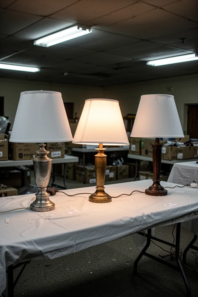 Three mismatched table lamps gathered from a church storage closet, each with a fresh white shade. They sit on a folding table covered with a white cloth. One lamp is on, casting warm light. The other two are off. Fluorescent overhead lights visible in the background.