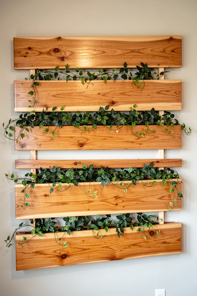 Three or four wide cedar planks mounted horizontally on a wall, spaced about 18 inches apart vertically. Each plank is 8 inches wide and 6 feet long, with a slight gap between the plank and the wall for air circulation. The planks are oiled to a warm honey color. Vines weave between them, creating a layered horizontal band of green.