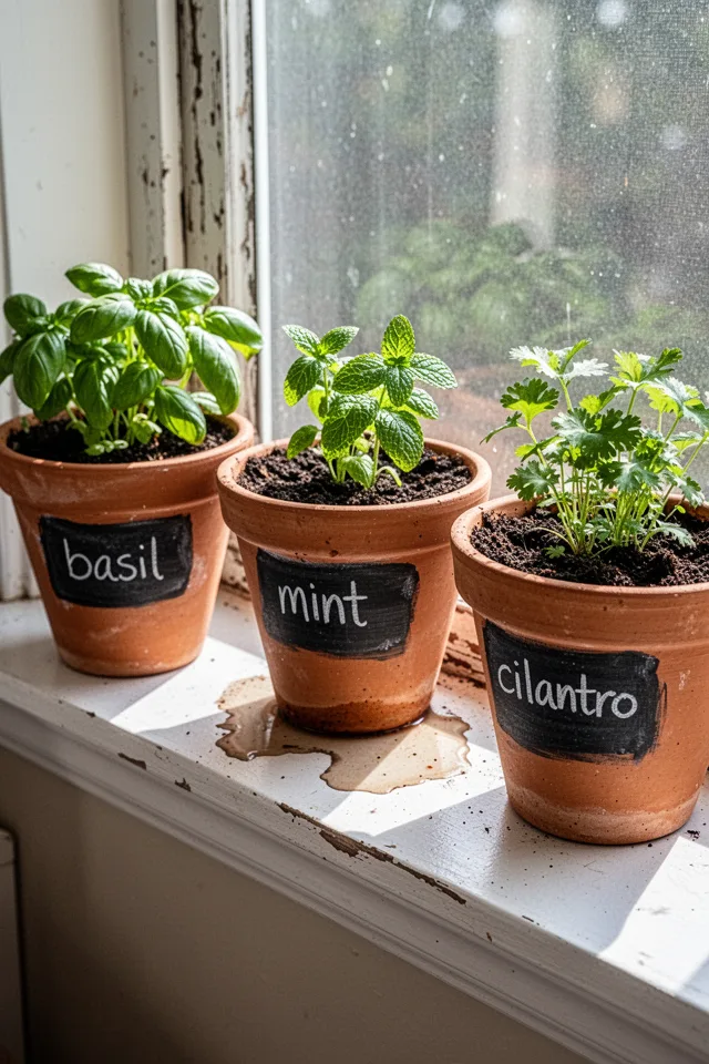 Three terra cotta herb pots on a sunny kitchen windowsill, each with a small rectangle of chalkboard paint on the front. Labels read "basil," "mint," "cilantro" in white chalk. One pot has a water stain ring underneath. The window frame is slightly weathered. Late morning sun casts soft shadows.