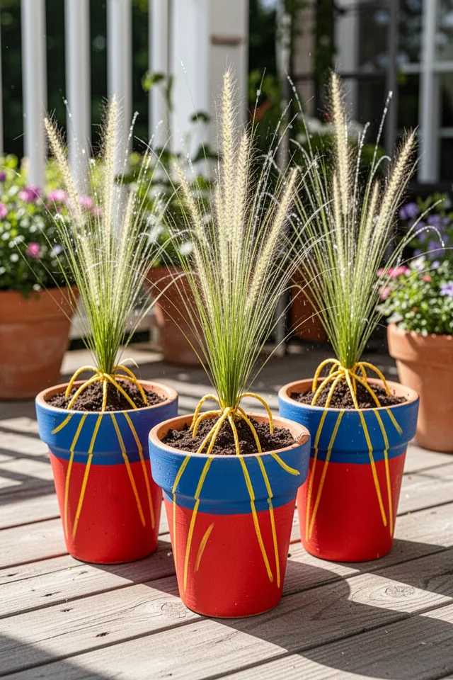 Three terracotta flower pots painted to look like firecrackers—red base, a blue band near the top, and yellow "fuse" lines radiating upward. Each pot contains a fountain grass or spike plant that looks like a fuse. Bright sun, wooden porch floor, potted plants in background.