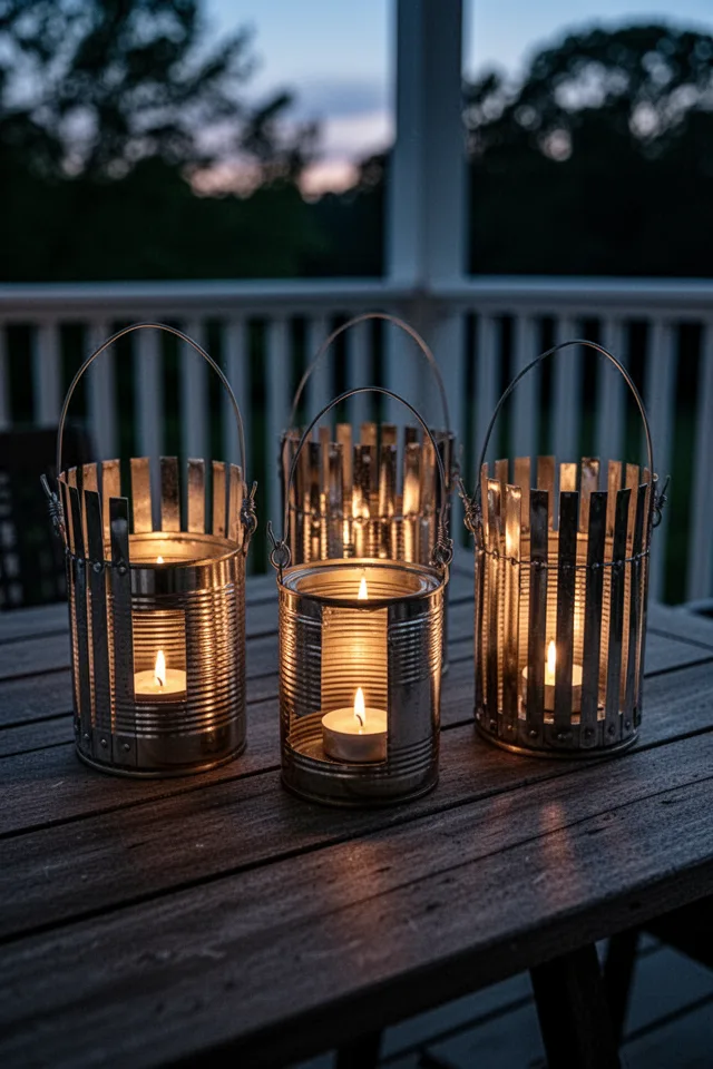Three tin cans of different sizes, their labels removed, with the top halves cut into vertical strips and bent outward to form a cage. Wire handles attached. A tea light candle sits inside each. Dusk setting, candles lit, soft glow on a wooden porch table.