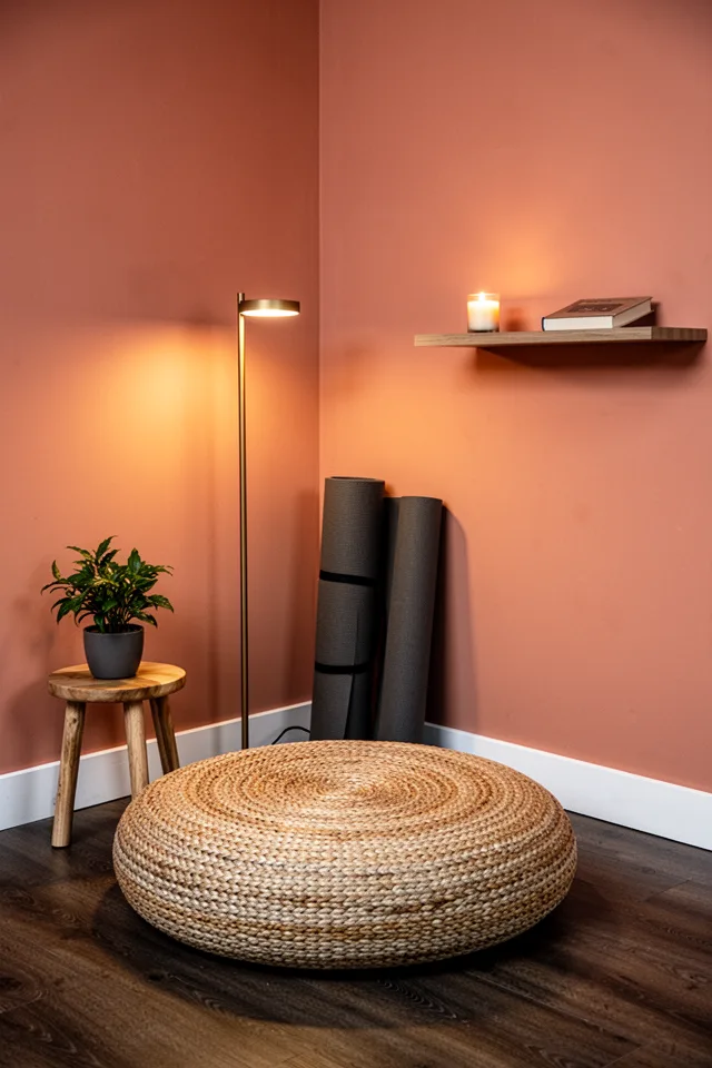 15 Rec Room Ideas You Will Never Want To Leave Tight shot of a corner of a rec room with a large round woven floor cushion, a small plant on a low wooden stool, and a dimmable warm floor lamp. The wall is painted a soft terracotta. A folded yoga mat leans against the wall. A simple shelf holds a single candle and a small book. The floor is dark wood. No incense, no tapestries, no gongs.
