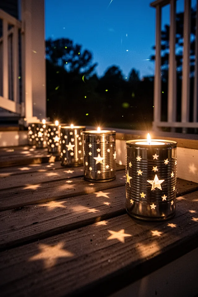 Tin cans with the labels removed, holes punched in a star pattern, containing battery tea lights. They