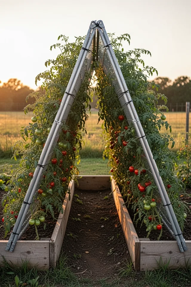 Two cattle panels hinged at the top with zip ties, forming an A-frame over a raised bed. The panels are 8 feet tall at the peak. Tomato plants grow up both sides. The structure is covered in green foliage and red fruit. Golden hour light.