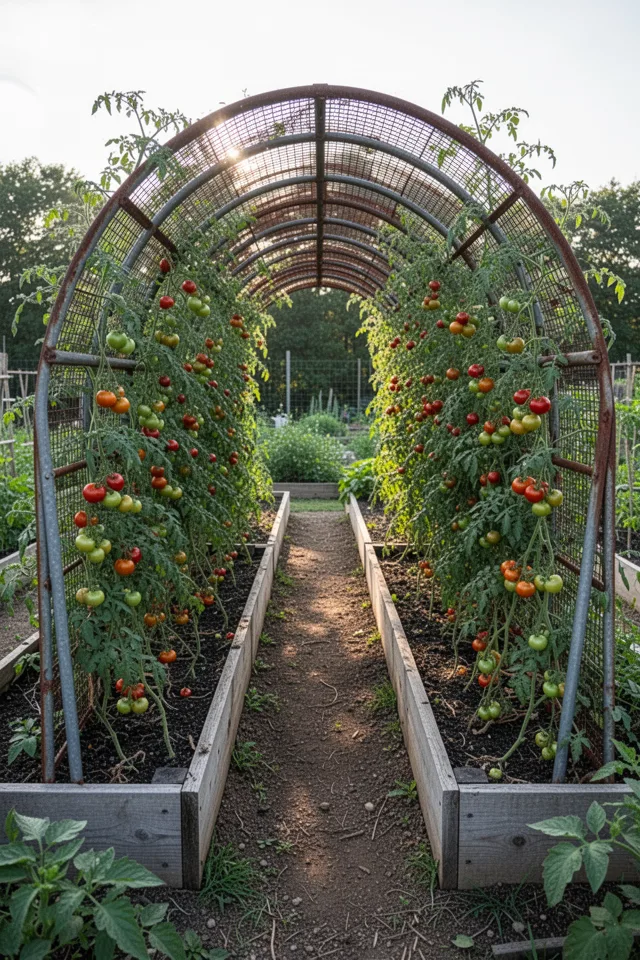 Two parallel raised beds with a cattle panel arched over them, creating a tunnel. Tomato plants grow up both sides of the arch, with fruit hanging down through the grid. The panel is rusty gray, blending with the garden. Sunlight dappling through leaves.
