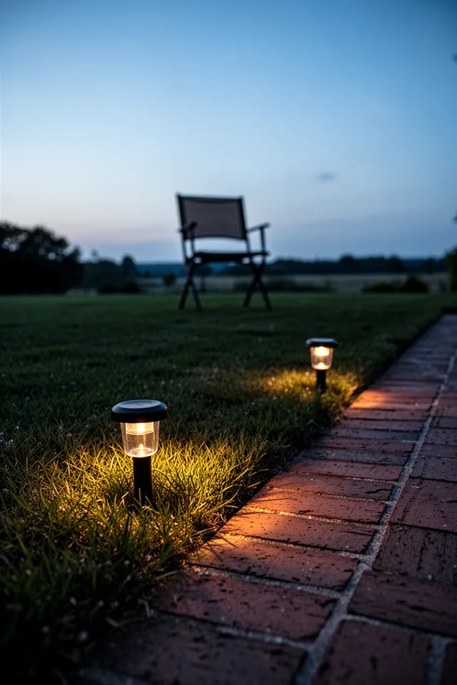 18 Cozy Patio Ideas To Enjoy This Summer Two small low-voltage path lights, set into the lawn beside a brick patio. They cast a warm amber pool on the grass. A single chair is silhouetted in the background. Dusk, the sky still slightly blue. Shot from ground level, the lights are visible but not dominant. Quiet mood.