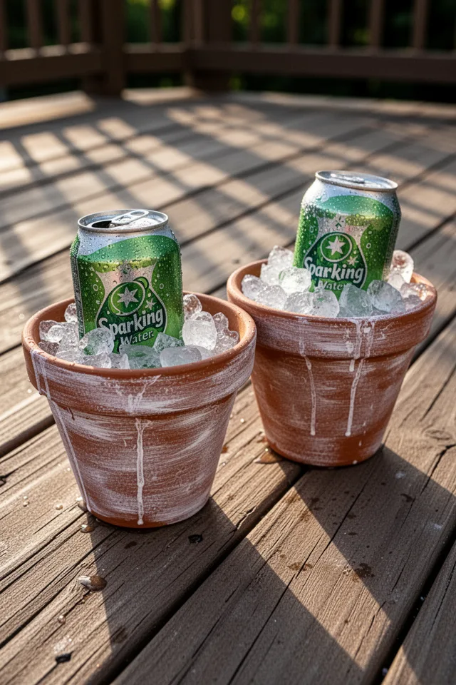 Two small terra cotta pots sitting on a wooden deck, each filled with ice and holding a can of sparkling water. The pots are painted with white chalk paint, giving them a matte, slightly dusty finish. Condensation runs down the sides. Late afternoon sun, long shadows.