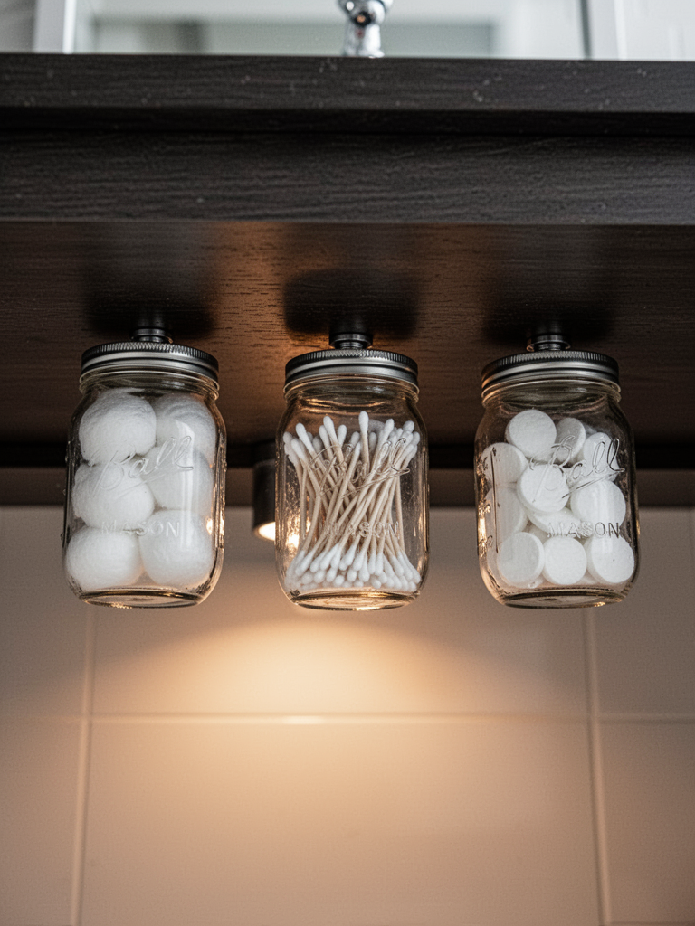 Underneath a bathroom vanity shelf looking up. Three mason jars are screwed into the underside of the shelf via their lids. The jars hold cotton balls, Q-tips, and small cotton rounds. The shelf is dark wood, the jars are clear. A warm light shines from below. The jars are evenly spaced, slightly different sizes. Photorealistic, detail shot.