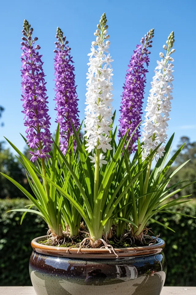16 Container Gardening Flowers That Bloom All Season Upright spikes of purple and white flowers rising from a glossy ceramic pot. The leaves are narrow, bright green, and slightly aromatic. Midday light, clear blue sky. The spikes are about 18 inches tall, each one studded with small orchid-like blooms from bottom to top. A few spent flowers at the base have been pinched off.