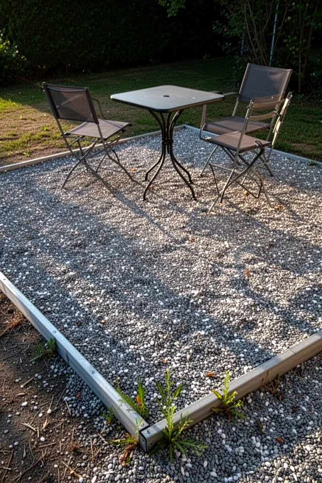 View of a small gravel patio area with a table and two chairs. The gravel is a mix of grey and white, edges defined by a steel or wood border. A few weeds poking through near the edge. Late afternoon sun, long shadows. The ground looks dry but not dusty.