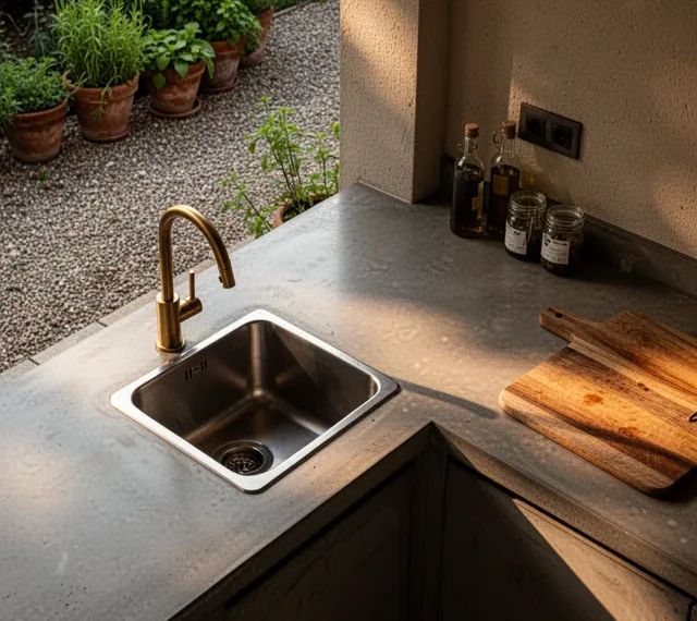 Warm afternoon light slants across a matte grey concrete countertop that forms an L-shape around a corner of a covered p